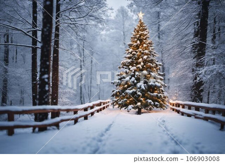 Decorated Christmas tree stands against a snowy backdrop, AI-generated. 106903008