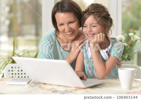 Mother and daughter looking at laptop computer 106903144