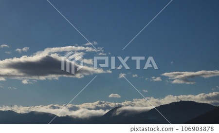 Clouds and mountains illuminated by the morning sun, autumn, telephoto, sky-based, 230905am 106903878
