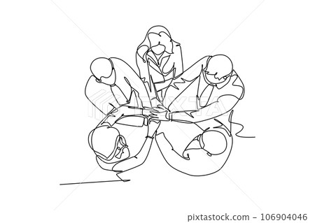 Single continuous line drawing of young business group holding hand together. Business teamwork at office. Successful worker dealing project. Dynamic one line draw graphic design vector illustration Single continuous line drawing of young business group holding hand together. Business teamwork at office. Successful worker dealing project. Dynamic one line draw graphic design vector illustration 106904046