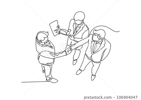Single continuous line drawing business man handshake his colleague or partner to deal a project. Business teamwork meeting at office concept. Dynamic one line draw graphic design vector illustration Single continuous line drawing business man handshake his colleague or partner to deal a project. Business teamwork meeting at office concept. Dynamic one line draw graphic design vector illustration 106904047