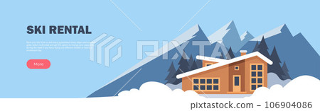 Ski Rental horizontal banner. Winter Sport. Winter mountain landscape with big house for tourists. Winter holidays in the mountains, ski resorts, house rentals. Vector flat illustration. 106904086