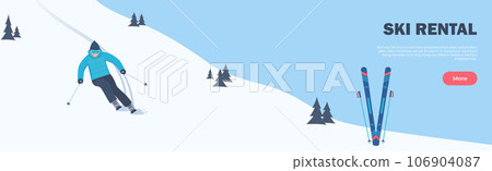 Ski Rental horizontal banner. Winter Sport. The skier rushes down the slope. Winter holidays in the mountains. Alpine skiing. Vector illustration. Ski Rental horizontal banner. Winter Sport. The skier rushes down the slope. Winter holidays in the mountains. Alpine skiing. Vector illustration. 106904087