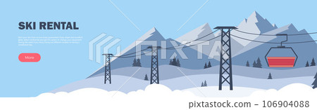 Ski Rental horizontal banner. Winter Sport. Ski resort. Winter mountain landscape with lodge, ski lift. Mountain tours conceptual web banner. Vector illustration. Ski Rental horizontal banner. Winter Sport. Ski resort. Winter mountain landscape with lodge, ski lift. Mountain tours conceptual web banner. Vector illustration. 106904088