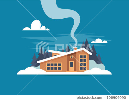 Winter mountain landscape with big house for tourists. Winter holidays in the mountains, ski resorts, house rentals. Vector flat illustration. Winter mountain landscape with big house for tourists. Winter holidays in the mountains, ski resorts, house rentals. Vector flat illustration. 106904090