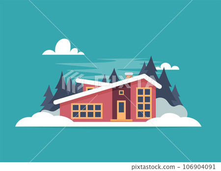 Winter mountain landscape with big house for tourists. Winter holidays in the mountains, ski resorts, house rentals. Vector flat illustration. 106904091