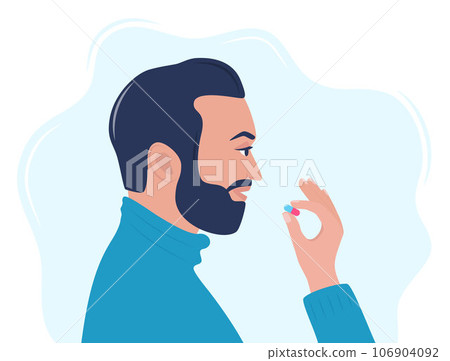 Man taking a pill in to his mouth. Man holds a pill in his hand and intends to take it. Medication treatment, pharmacy and medicine, concept vector illustration. Man taking a pill in to his mouth. Man holds a pill in his hand and intends to take it. Medication treatment, pharmacy and medicine, concept vector illustration. 106904092
