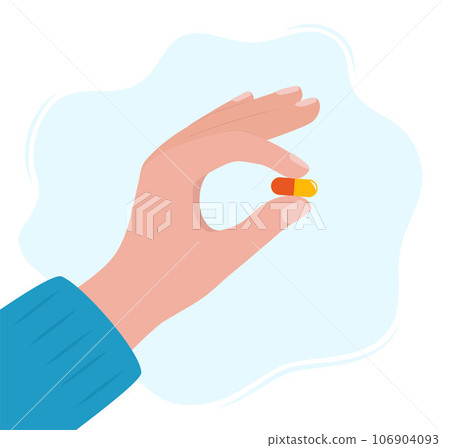 Human hand holding pill between fingers vector illustration in flat style. Medication treatment, pharmacy and medicine, concept vector illustration. Human hand holding pill between fingers vector illustration in flat style. Medication treatment, pharmacy and medicine, concept vector illustration. 106904093