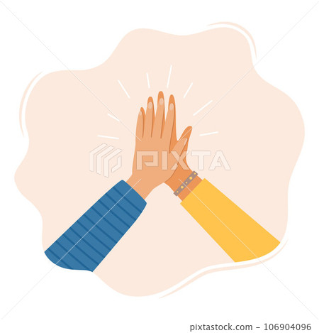 Two hands clapping in high five gesture. Multicultural people putting hands together. Teamwork, friendship, unity, help, equality, support, partnership, community concept. Vector illustration. 106904096