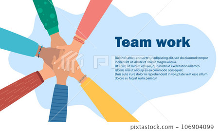 Multicultural people putting hands together. Teamwork, friendship, unity, help, equality, support, partnership, community, social movement, friendship concept. Strong together. Vector illustration. Multicultural people putting hands together. Teamwork, friendship, unity, help, equality, support, partnership, community, social movement, friendship concept. Strong together. Vector illustration. 106904099