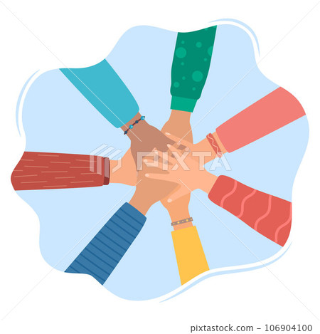 Multicultural people putting hands together. Teamwork, friendship, unity, help, equality, support, partnership, community, social movement, friendship concept. Strong together. Vector illustration. Multicultural people putting hands together. Teamwork, friendship, unity, help, equality, support, partnership, community, social movement, friendship concept. Strong together. Vector illustration. 106904100