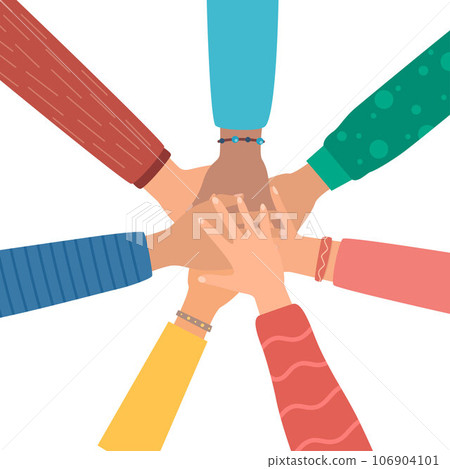 Multicultural people putting hands together. Teamwork, friendship, unity, help, equality, support, partnership, community, social movement, friendship concept. Strong together. Vector illustration. Multicultural people putting hands together. Teamwork, friendship, unity, help, equality, support, partnership, community, social movement, friendship concept. Strong together. Vector illustration. 106904101