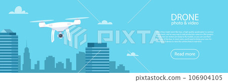 Drone with action Camera. Air Video and Photography. Flying quadrocopter with camera over the city. Vector illustration for banner. Drone with action Camera. Air Video and Photography. Flying quadrocopter with camera over the city. Vector illustration for banner. 106904105