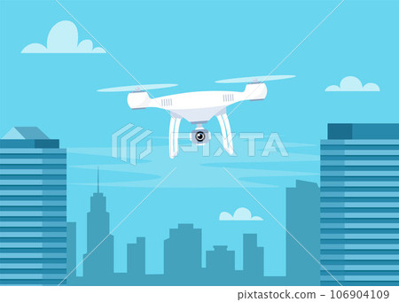 Drone with action Camera. Air Video and Photography. Flying quadrocopter with camera over the city. Vector illustration for banner. 106904109