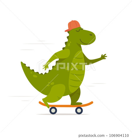 Cute dinosaur rides on skateboard. Tyrannosaur skateboarder. Kids print with dino. Vector illustration for print, clothes, greeting card, children's room decor. 106904110