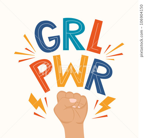 GRL PWR quote. Girl Power cute hand drawing motivation lettering phrase for t-shirts, poster, clothing, stick on laptop, phone, wall. Feminism slogan with lightning bolt symbol. Vector illustration. 106904150