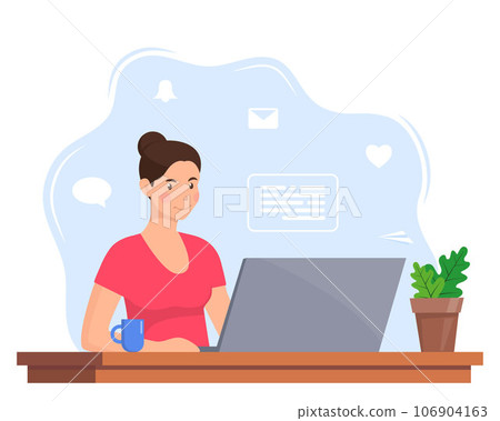 Young woman working on laptop at home office. Freelancer at work, remote work. Young woman sitting at a desk with a laptop and coffee cup. Flat style color modern vector illustration. Young woman working on laptop at home office. Freelancer at work, remote work. Young woman sitting at a desk with a laptop and coffee cup. Flat style color modern vector illustration. 106904163