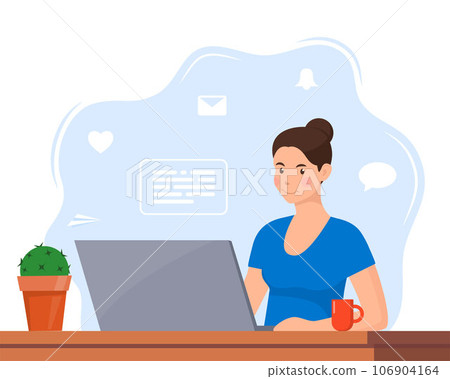 Young woman working on laptop at home office. Freelancer at work, remote work. Young woman sitting at a desk with a laptop and coffee cup. Flat style color modern vector illustration. Young woman working on laptop at home office. Freelancer at work, remote work. Young woman sitting at a desk with a laptop and coffee cup. Flat style color modern vector illustration. 106904164