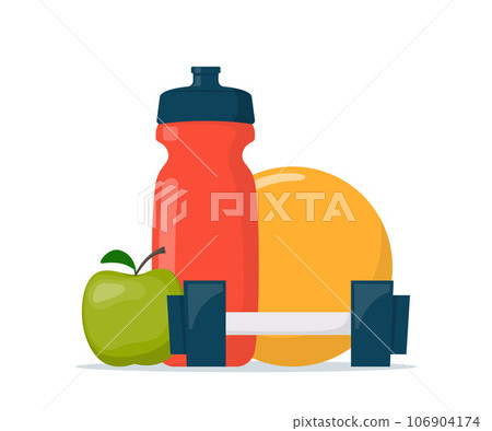Fitness, sport, diet and healthy lifestyle composition. Training equipment. Sport and gym concept illustration. Vector illustration in flat style. 106904174
