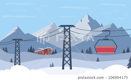 Ski resort. Winter mountain landscape with lodge, ski lift. Mountain tours conceptual web banner. Winter sports vacation. Vector illustration. 106904175