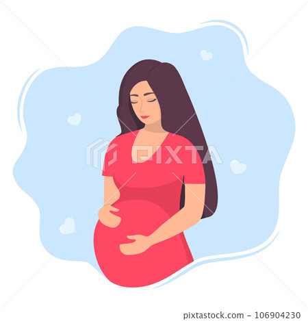 Happy young pregnant woman with big belly. Beautiful pregnant woman character. Girl expecting a baby. Maternity concept. Vector Illustration. 106904230