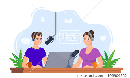 People recording podcast in studio. Radio host interviewing guest on radio station. Man and woman in headphones talking. Broadcasting. Vector illustration. People recording podcast in studio. Radio host interviewing guest on radio station. Man and woman in headphones talking. Broadcasting. Vector illustration. 106904232
