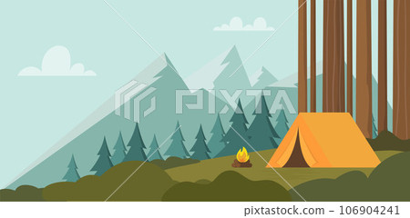 Landscape with forest campsite against mountains in background. Orange tent in forest. Banner, poster for Climbing, hiking, trakking sport, adventure tourism, travel, backpacking. Vector illustration. Landscape with forest campsite against mountains in background. Orange tent in forest. Banner, poster for Climbing, hiking, trakking sport, adventure tourism, travel, backpacking. Vector illustration. 106904241