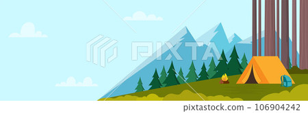 Summer Camping day in mountains. Mountains, trees, tent and campfire. Horizontal banner for Climbing, hiking, trakking sport, adventure tourism, travel, backpacking. Vector illustration. 106904242