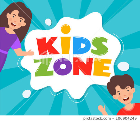 Kids zone emblem or logo for children's playroom. Kids zone hand drown lettering and happy smiling boy and girl. Colorful vector illustration. Kids zone emblem or logo for children's playroom. Kids zone hand drown lettering and happy smiling boy and girl. Colorful vector illustration. 106904249