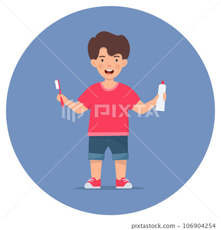 Happy boy kid holding toothbrushe and toothpaste tube. Children dentistry and teeth hygiene. Kids using toothbrush motivational clipart. Flat vector illustration. 106904254