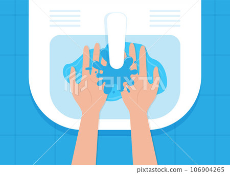 Woman's hands under a stream of water over the sink, top view. Process of washing hands in the sink. Vector illustration. Woman's hands under a stream of water over the sink, top view. Process of washing hands in the sink. Vector illustration. 106904265