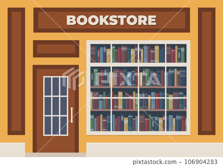A bookstore with a sign over the entrance. Books in the shop window on the shelves. Street store. Vector illustration, flat style. 106904283