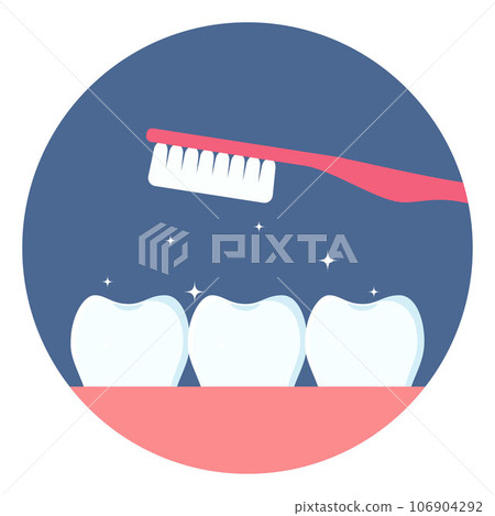 Row of clean human teeth molars and a toothbrush above them. Shining clean teeth. Dental care concept. Oral hygiene. Vector illustration in flat style. 106904292