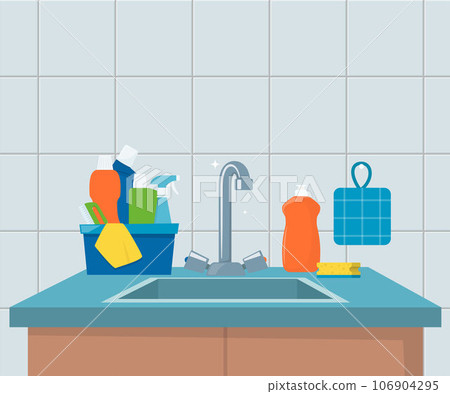 Kitchen sink. Clean sink with kitchenware, modern furniture and utensils. Washing dishes kitchen sink, vector illustration. Kitchen sink. Clean sink with kitchenware, modern furniture and utensils. Washing dishes kitchen sink, vector illustration. 106904295