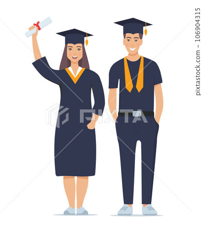 Couple of happy smiling graduates with diplomas. Man and woman graduated from university. Vector illustration isolated on white. 106904315