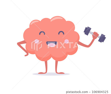 Cute pink brain character with dumbbell. Mental health concept. Brain training exercise. Vector illustration in flat style. 106904325