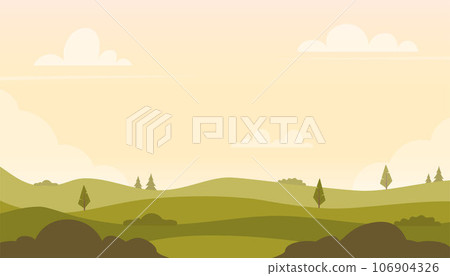 Beautiful fields landscape with a green hills, trees, bushes. Rural landscape in the warm dawn colours. Countryside background for banner, animation. Vector flat illustration. Beautiful fields landscape with a green hills, trees, bushes. Rural landscape in the warm dawn colours. Countryside background for banner, animation. Vector flat illustration. 106904326