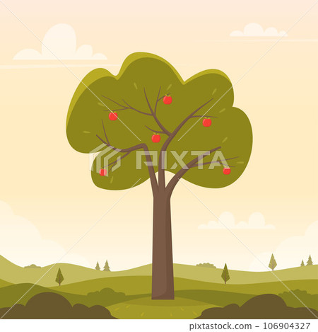 Countryside landscape with apple tree in the foreground, closeup. Rural landscape in the warm dawn colours. Countryside with apple tree for banner, animation. Vector flat illustration. Countryside landscape with apple tree in the foreground, closeup. Rural landscape in the warm dawn colours. Countryside with apple tree for banner, animation. Vector flat illustration. 106904327