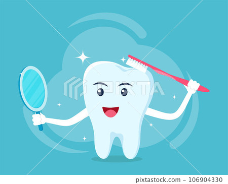 Happy tooth the character cleans himself with a toothbrush and looks in the mirror. Dental health care concept Illustration. Vector, flat style. Happy tooth the character cleans himself with a toothbrush and looks in the mirror. Dental health care concept Illustration. Vector, flat style. 106904330