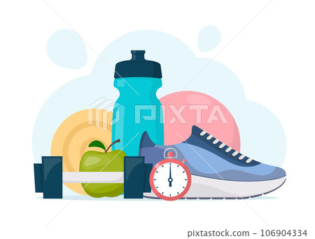 Fitness, sport, diet and healthy lifestyle composition. Training equipment. Running, sport and gym concept illustration. Vector illustration in flat style. 106904334