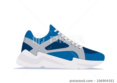 Modern trendy sneakers, side view. Fashion sneakers. Comfortable sports shoes. Vector illustration in flat style. 106904381