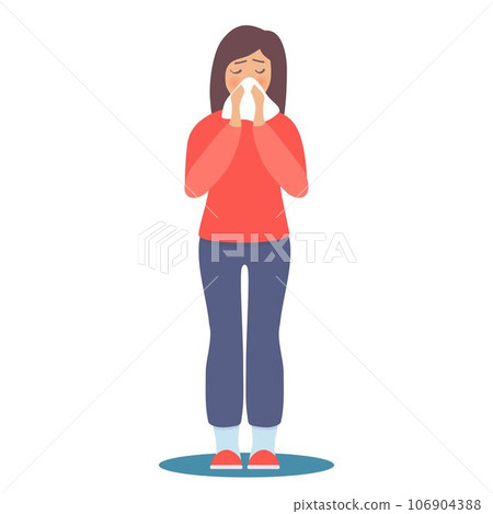 Girl with flu vector illustration. Flat female character sick of seasonal flu. Woman with blows her nose in handkerchief. Epidemic, illness, disease, sickness, cold season concept. 106904388