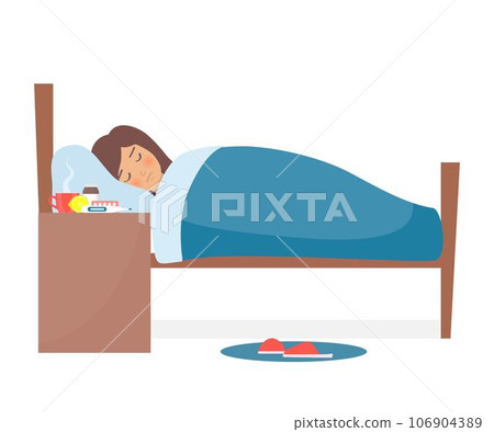 Girl with flu. Flat female character lying in bed. Cold medicine is on the nightstand. Medicinal syrup, pills, capsules, cup of hot drink, thermometer, lemon. Vector illustration. 106904389
