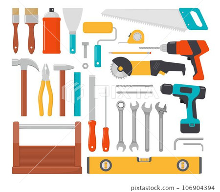 Collection of working tools. Repair and construction tools icon set. Hammer, pliers, chisel, file, screwdriver, brush, spatula, wrench, saw, drill, ruler, grinder, tool box. Vector flat illustration. 106904394