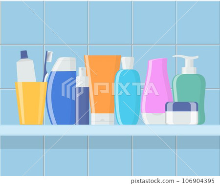 Shelf in the bathroom with cosmetic bottles. Cream, shampoo, gel, spray, tube, soap, toothpaste and toothbrush. Skin and body care, toiletres. Products for beauty and cleanser. Vector. 106904395