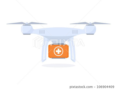 Drone delivering first aid kit. Drug delivery by quadrocopter, modern technologies in medicine. Concept flat style vector illustration. 106904409