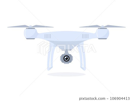 Drone with video camera. Quadcopter isolated on white background. Equipment for aerial shots. Vector flat illustration. Drone with video camera. Quadcopter isolated on white background. Equipment for aerial shots. Vector flat illustration. 106904413