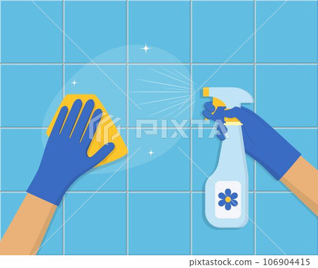 Cleaning concept. Hand in blue rubber glove cleans the tile with sponge and cleaning spray. Cleaning service background design. Vector illustration in flat style. Cleaning concept. Hand in blue rubber glove cleans the tile with sponge and cleaning spray. Cleaning service background design. Vector illustration in flat style. 106904415