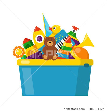 Kids toy box full of toys. Cubes, whirligig, duck, ball rattle, pyramid, pipe, bear, ball, rocket, tambourine, boat. Modern flat style vector illustration. Kids toy box full of toys. Cubes, whirligig, duck, ball rattle, pyramid, pipe, bear, ball, rocket, tambourine, boat. Modern flat style vector illustration. 106904424