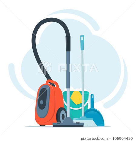 Tools for cleaning and housework. Vacuum cleaner, floor sweeping brush, dustpan, bucket of water and soap suds. Cute flat style vector illustration. 106904430